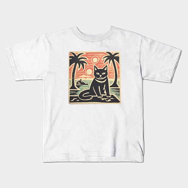 Black Cat Lino Cut Hawaiian Sunset Kids T-Shirt by Kona Cat Creationz